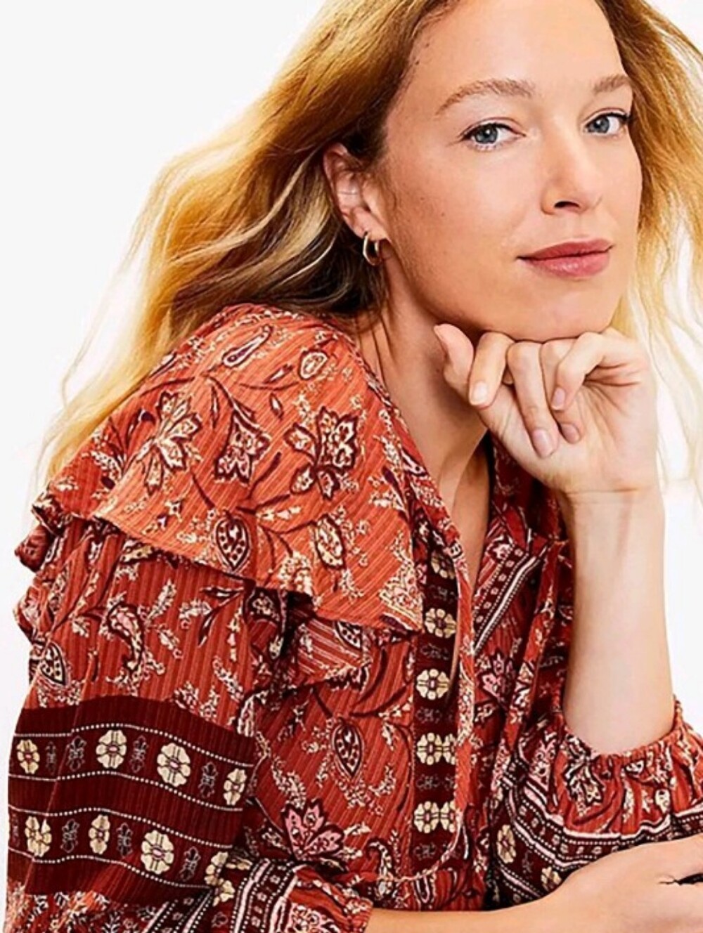 NWT Loft Ann Taylor Ruffle Shoulder Boho Burnt Orange Terracotta Floral Top